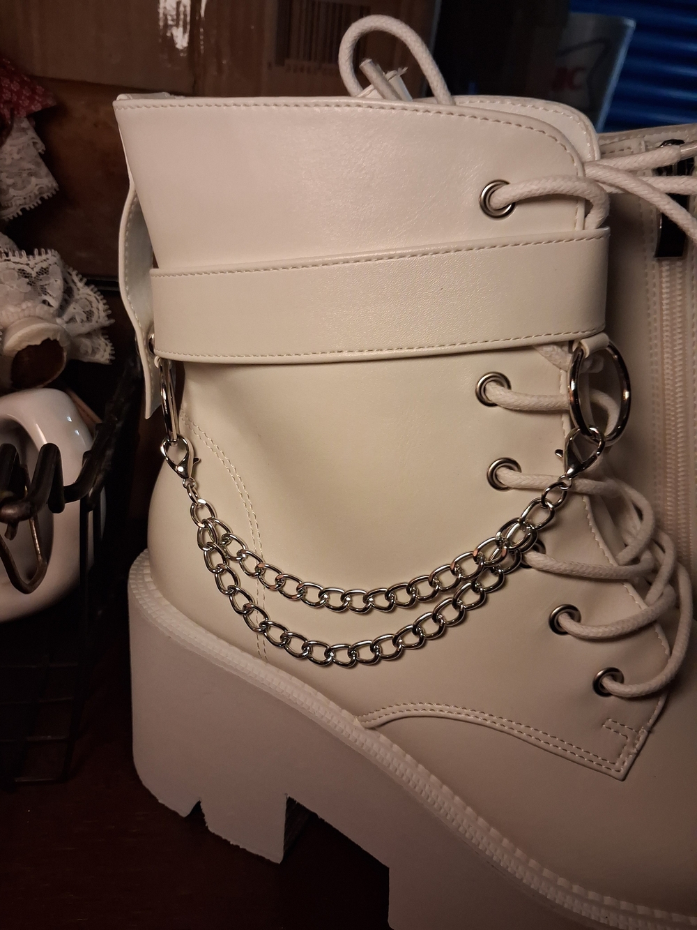 Chunky Platform Lace-Up Ankle Boots with Chain Accent - Bright White Size 9 - Picture 5 of 6